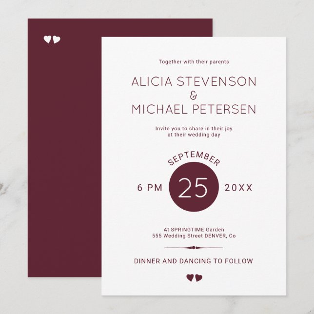 Simple elegant red burgundy and white wedding invitation (Front/Back)