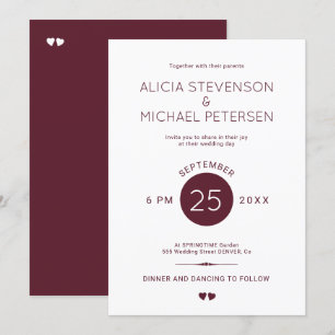 Simple elegant red burgundy and white wedding invitation