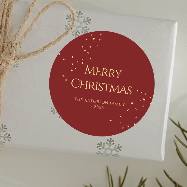 Simple Elegant Red & Gold Confetti Merry Christmas Classic Round Sticker (Creator Uploaded)