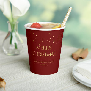 Simple Elegant Red & Gold Confetti Merry Christmas Paper Cups