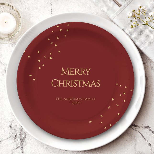 Simple Elegant Red & Gold Confetti Merry Christmas Paper Plate (Creator Uploaded)