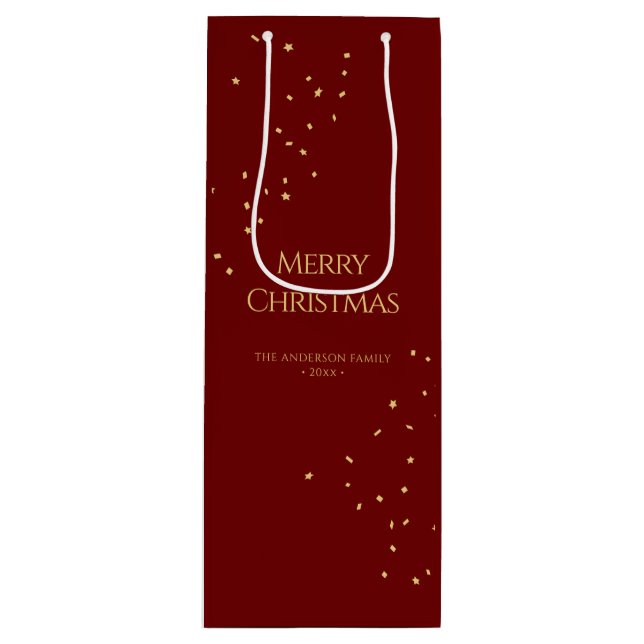 Simple Elegant Red & Gold Confetti Merry Christmas Wine Gift Bag (Front)