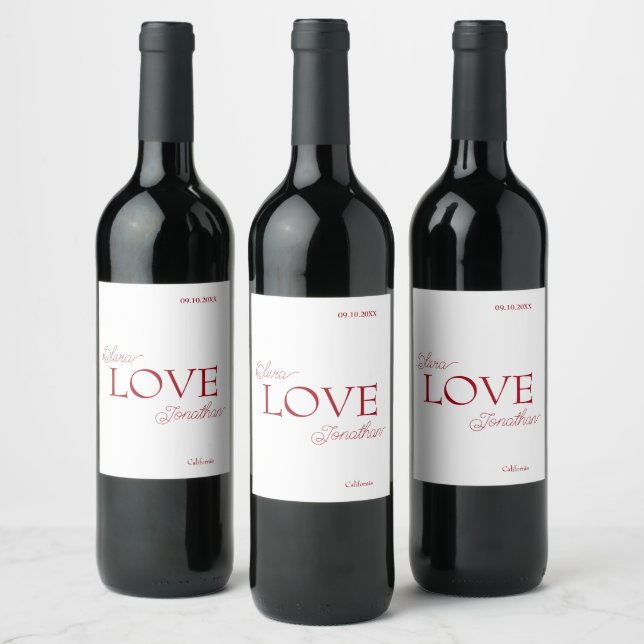 Simple Elegant Red Love Wedding Wine Label (Bottles)