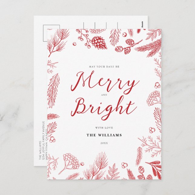 Simple Elegant Red Merry and Bright Christmas Holiday Postcard (Front/Back)