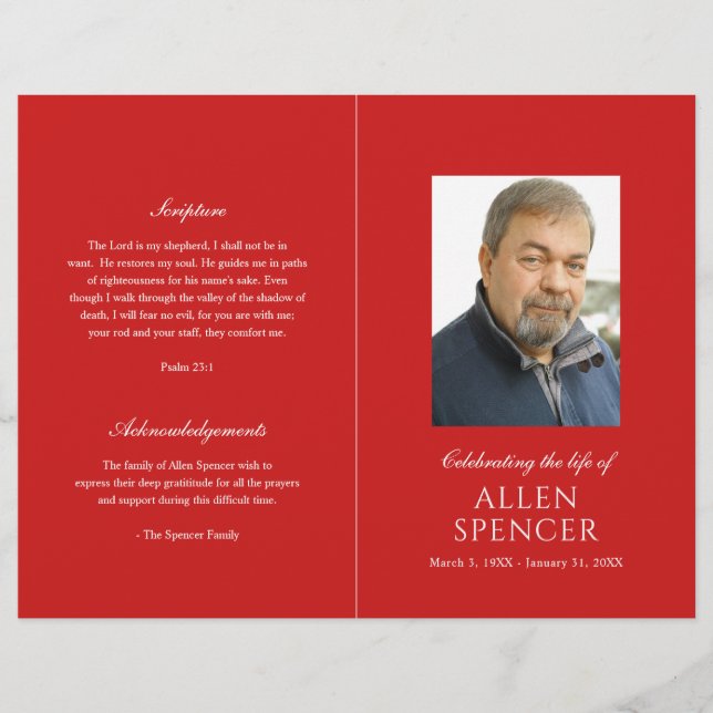 Simple Elegant Red Modern Funeral Program (Front)