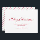 Simple Elegant Red Script Modern Christmas Holiday Card<br><div class="desc">Send out holiday cheer with this minimalist non photo flat Christmas card featuring a simple and clean design with "Merry Christmas" in an elegant red script typography and your message below. The backside has red and white candy cane pin stripes. No photo required for this modern and personalised Christmas card....</div>