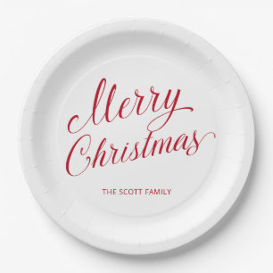 Simple Elegant Red Script Modern Christmas Paper Plate