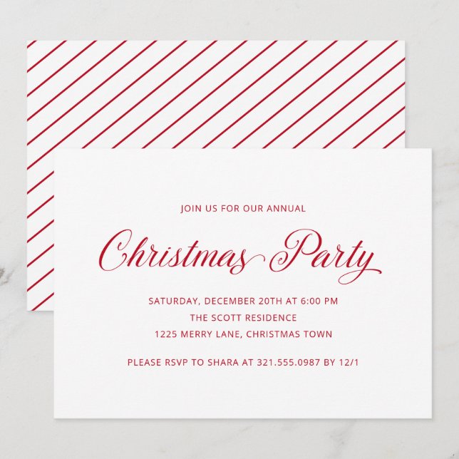 Simple Elegant Red Script Modern Christmas Party Invitation (Front/Back)