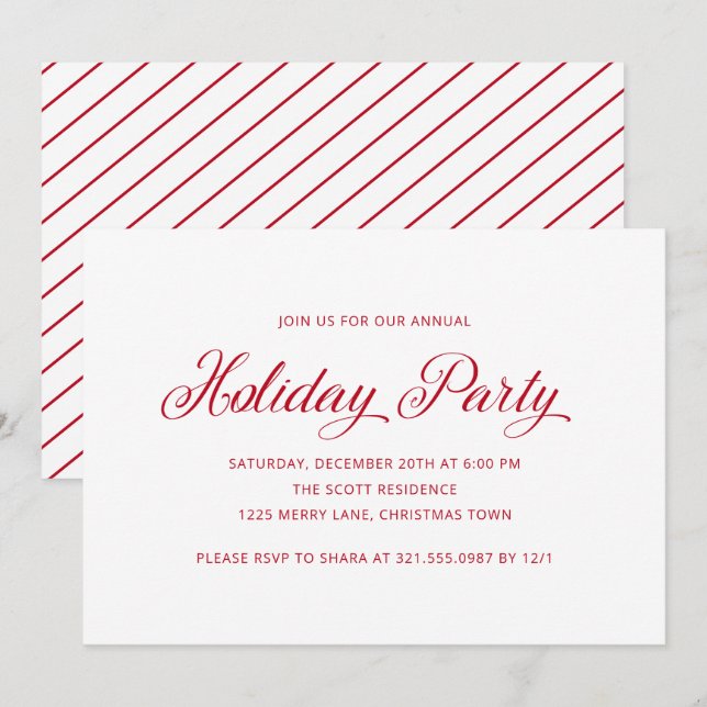 Simple Elegant Red Script Modern Holiday Party Invitation (Front/Back)