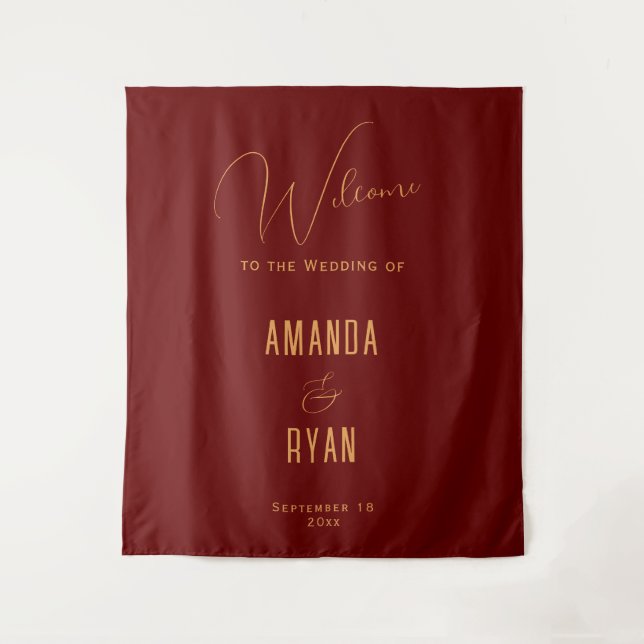 Simple Elegant Red Welcome Script Wedding Tapestry (Front)
