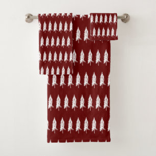 Simple Elegant REd & White Evergreen Trees Bath Towel Set