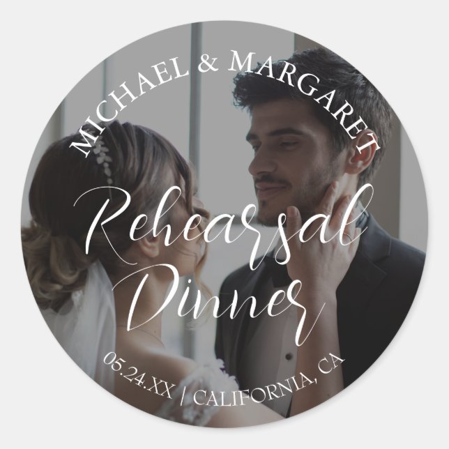 Simple Elegant Rehearsal Dinner Wedding Photo Classic Round Sticker (Front)