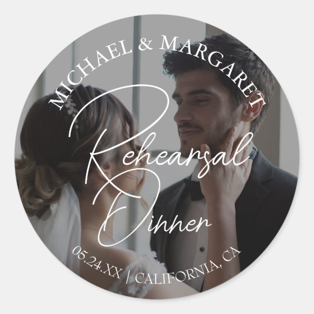 Simple Elegant Rehearsal Dinner Wedding Photo Classic Round Sticker (Front)