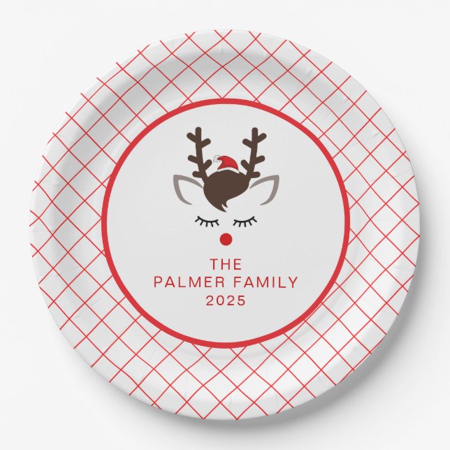 Simple Elegant Reindeer Christmas Family Name Paper Plate (Front)