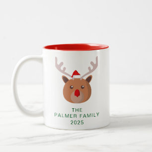 Simple Elegant Reindeer Christmas Family Name Two-Tone Coffee Mug