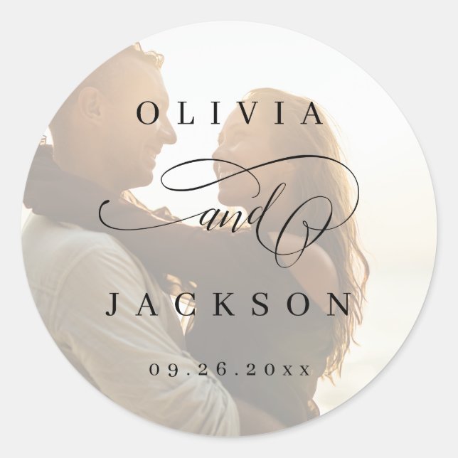 Simple elegant romantic script photo wedding favou classic round sticker (Front)