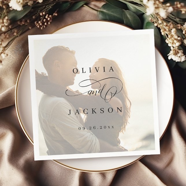 Simple elegant romantic script photo wedding napkin (Simple elegant romantic script photo wedding napkins)