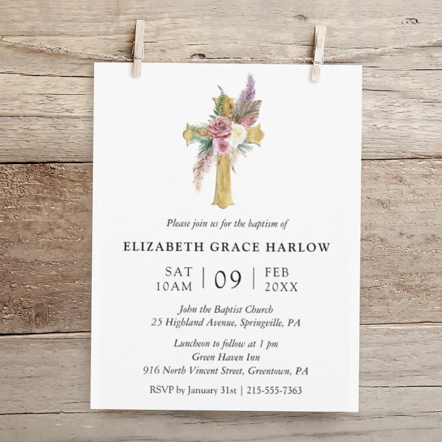 Simple Elegant Rose Boho Floral Cross Baptism Invitation (Creator Uploaded)