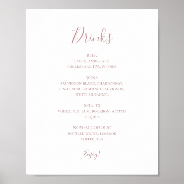 Simple Elegant Rose Gold Wedding Drinks Menu Sign (Front)