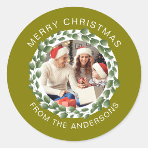Simple Elegant Round Christmas Photo Family Name Classic Round Sticker
