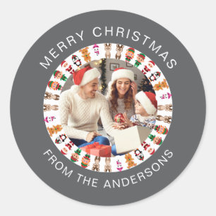 Simple Elegant Round Christmas Photo Family Name Classic Round Sticker