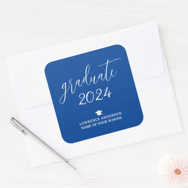 Simple Elegant Royal Blue 2024 Graduate Graduation Square Sticker (Envelope)