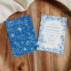 Simple Elegant Royal Blue Floral Garden Wedding Invitation