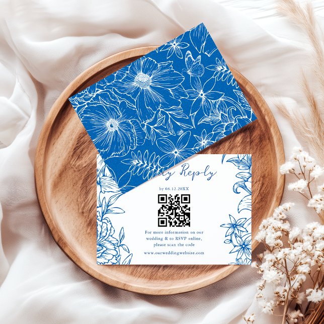 Simple Elegant Royal Blue Floral QR Code Wedding RSVP Card (Creator Uploaded)