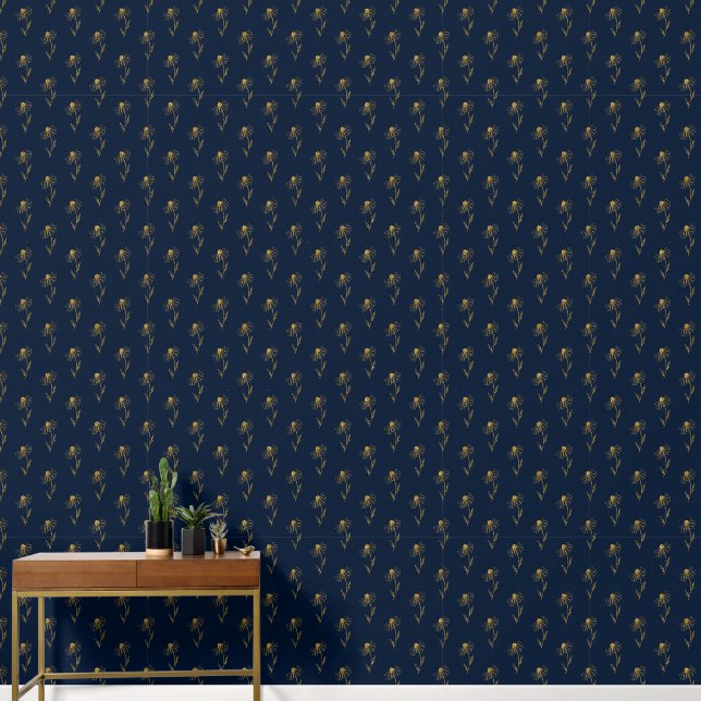 Simple Elegant Royal Blue Gold Flower Pattern Wallpaper (Hallway)