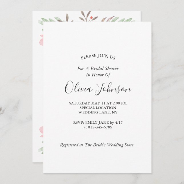 Simple Elegant Rustic Floral Bridal Shower Invitation (Front/Back)