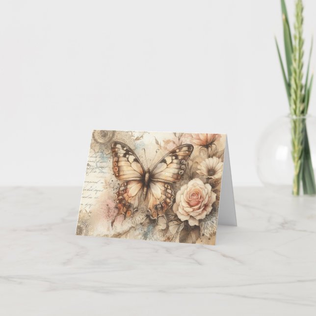 Simple Elegant Rustic Floral Butterfly Note Card (Front)