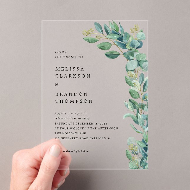 Simple Elegant Rustic Greenery Eucalyptus Wedding Acrylic Invitations (Insitu (Handheld))