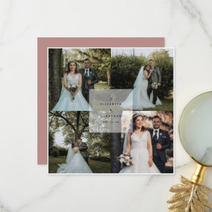 Simple Elegant Rustic Pink 4 Photo Collage Wedding Thank You Card