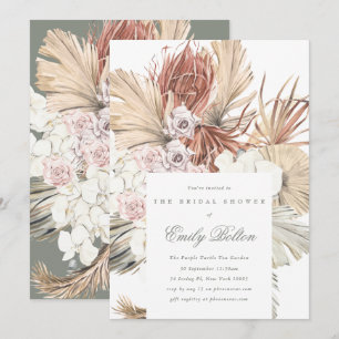 Simple Elegant Sage Floral Moss Green Pampas Boho Invitation