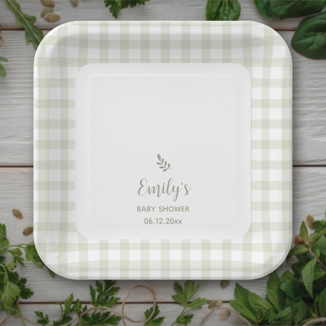 Simple Elegant Sage Green Gingham Baby Shower Paper Plate (Creator Uploaded)