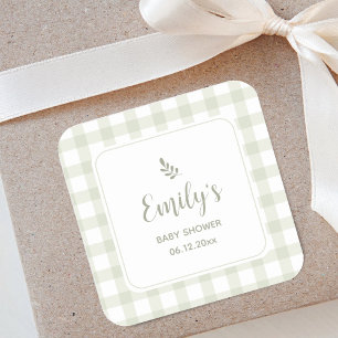 Simple Elegant Sage Green Gingham Baby Shower Square Sticker