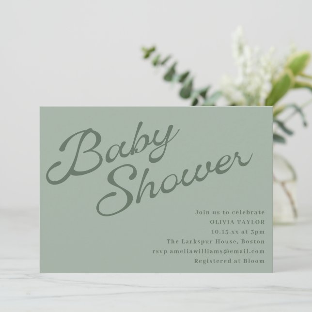 Simple Elegant Sage Green Script Baby Shower Invitation (Standing Front)