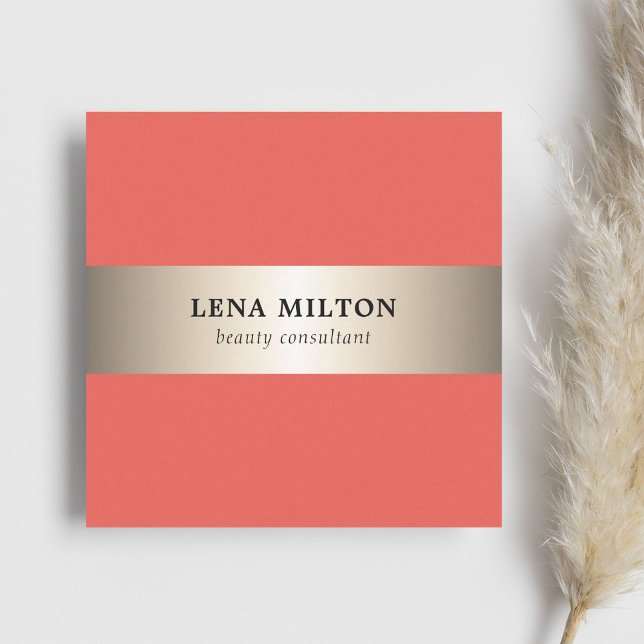 Simple Elegant Salmon Faux Gold Stripe Consultant Square Business Card (Creator Uploaded)