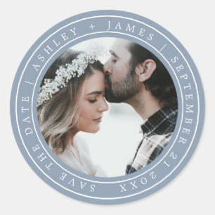 Simple Elegant Save the Date Wedding Photo Blue Classic Round Sticker