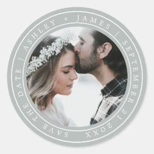 Simple Elegant Save the Date Wedding Photo Grey Classic Round Sticker
