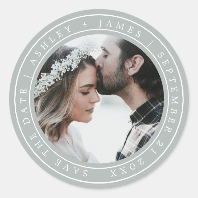 Simple Elegant Save the Date Wedding Photo Grey Classic Round Sticker (Front)