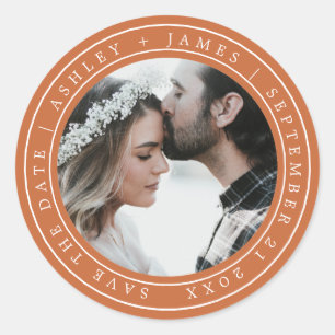 Simple Elegant Save the Date Wedding Photo Orange Classic Round Sticker
