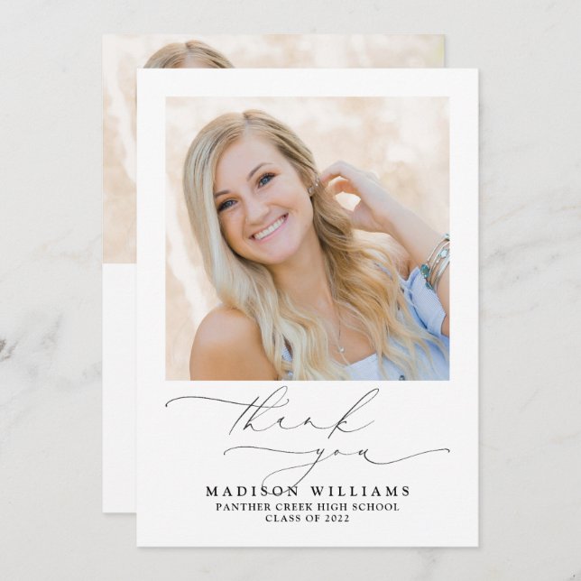 Simple Elegant Script 2 Photo Graduation Thank You Card (Front/Back)