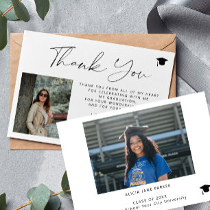 Simple elegant script 2 photo graduation thank you card
