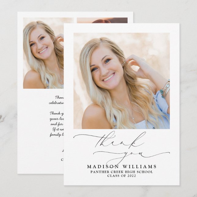 Simple Elegant Script 3 Photo Graduation Thank You Card (Front/Back)