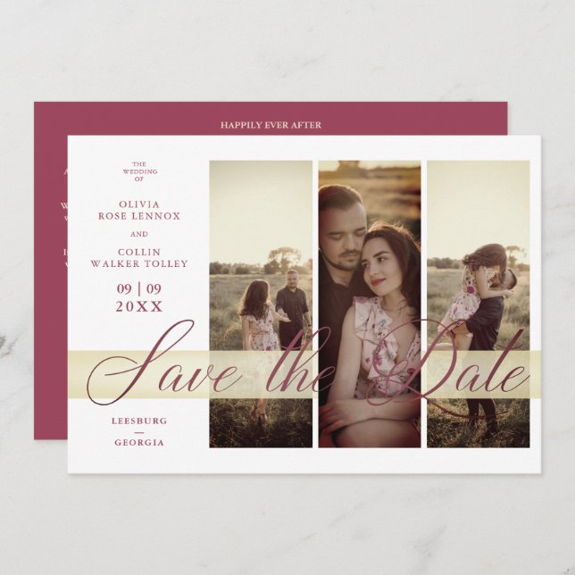 Simple Elegant Script 3 Photos Couple in Love Save The Date (Front/Back)