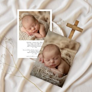 Simple Elegant Script Baby Boy Two Photo Baptism Invitation