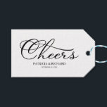 Simple Elegant Script Cheers Wine Bottle Tags<br><div class="desc">Transform your wedding day into a celebration of sophistication and elegance with our stunning black and white modern wedding suite! You can personalise it with just a few clicks to express your unique love story. This inspiring collection includes everything you need to create a beautifully cohesive atmosphere, featuring matching menu...</div>