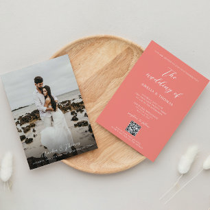Simple Elegant Script Coral Pink QR Code Wedding Invitation