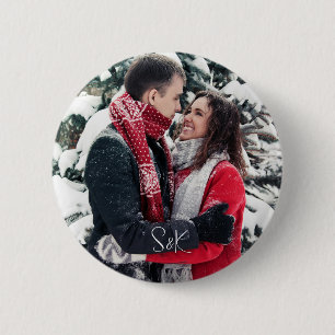 Simple Elegant Script Couple Photo and Initials 6 Cm Round Badge
